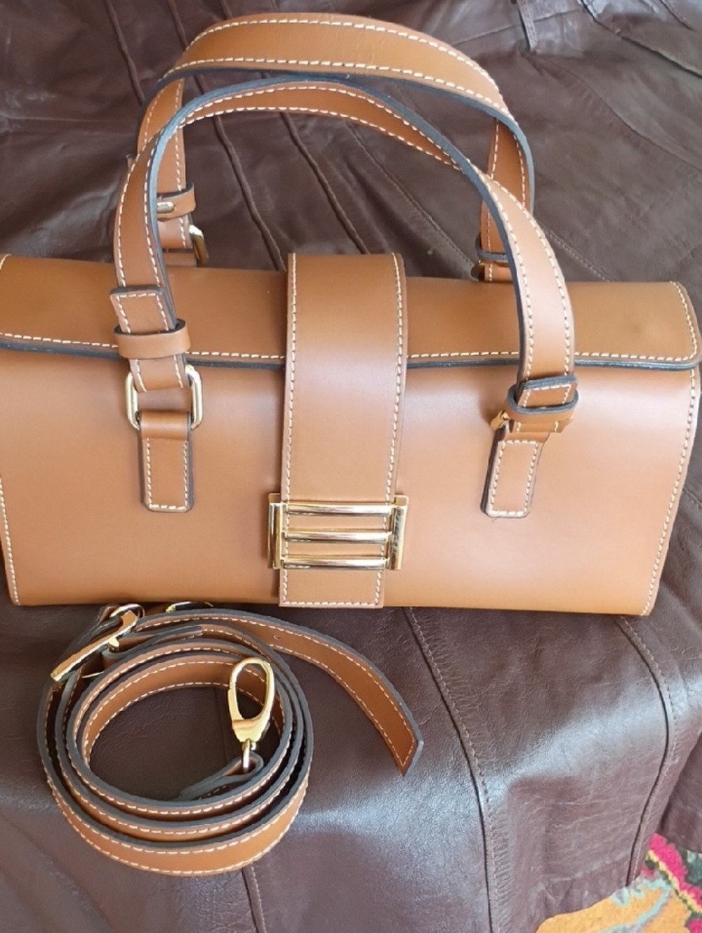 Tan Leather Barrel Shoulder Bag with Gold-Tone Accent
